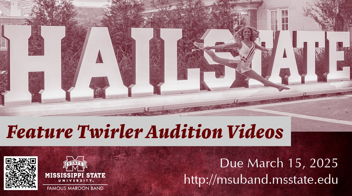 Artwork of twirler in front of Hail State sign